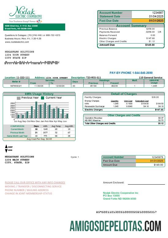 Em branco modelo de conta de serviços públicos da cooperativa elétrica Nodak da Dakota do Norte dos EUA em formatos Word e PDF